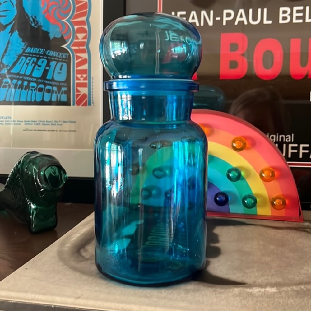 MCM blue glass container made in Belgium